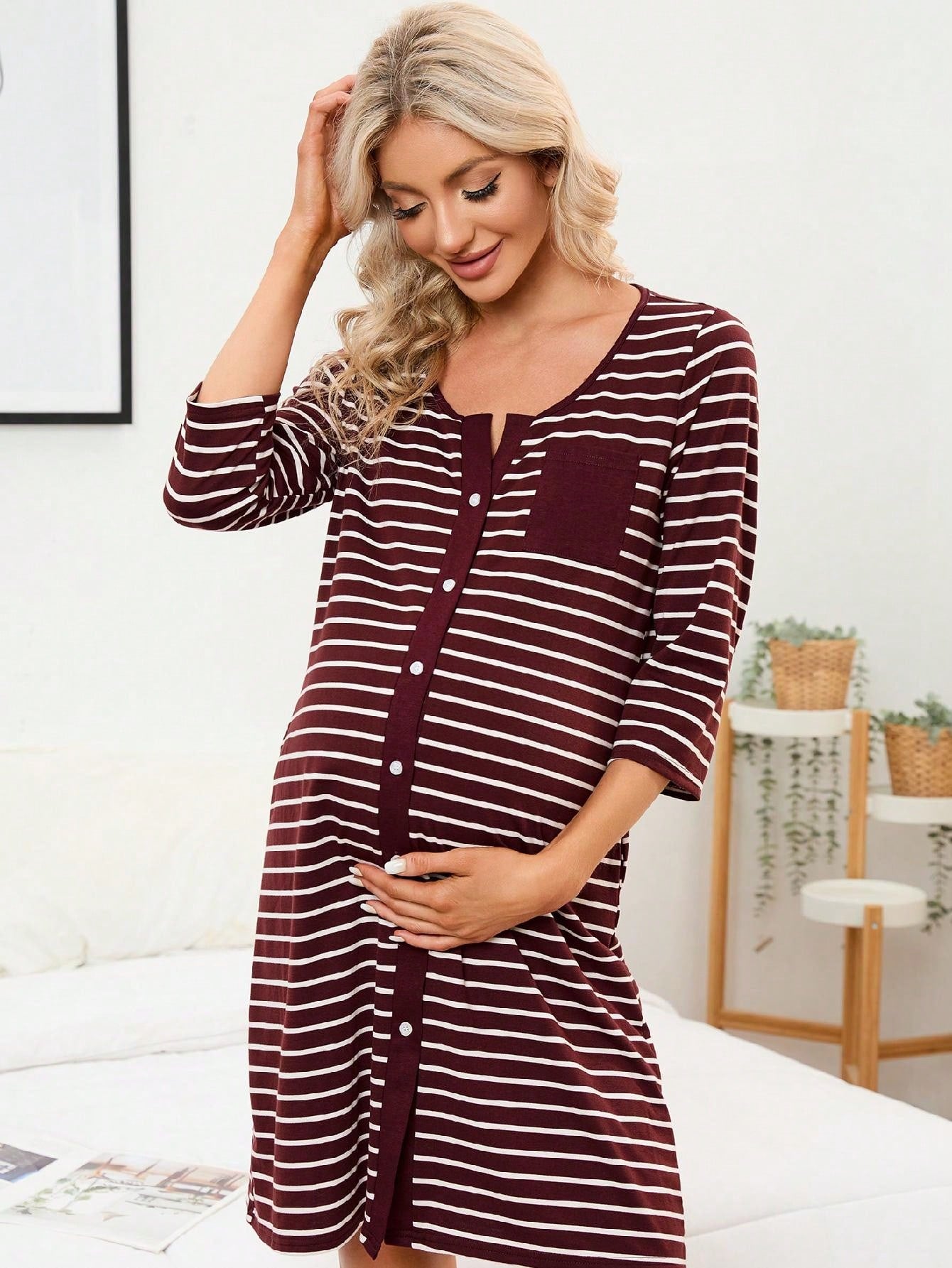 Mothers Day Gifts Maternity Nightgown Women's 3/4 Sleeve Striped Nursing Sleepshirt Full Button Breastfeeding Sleep Dress Burgundy 2XL