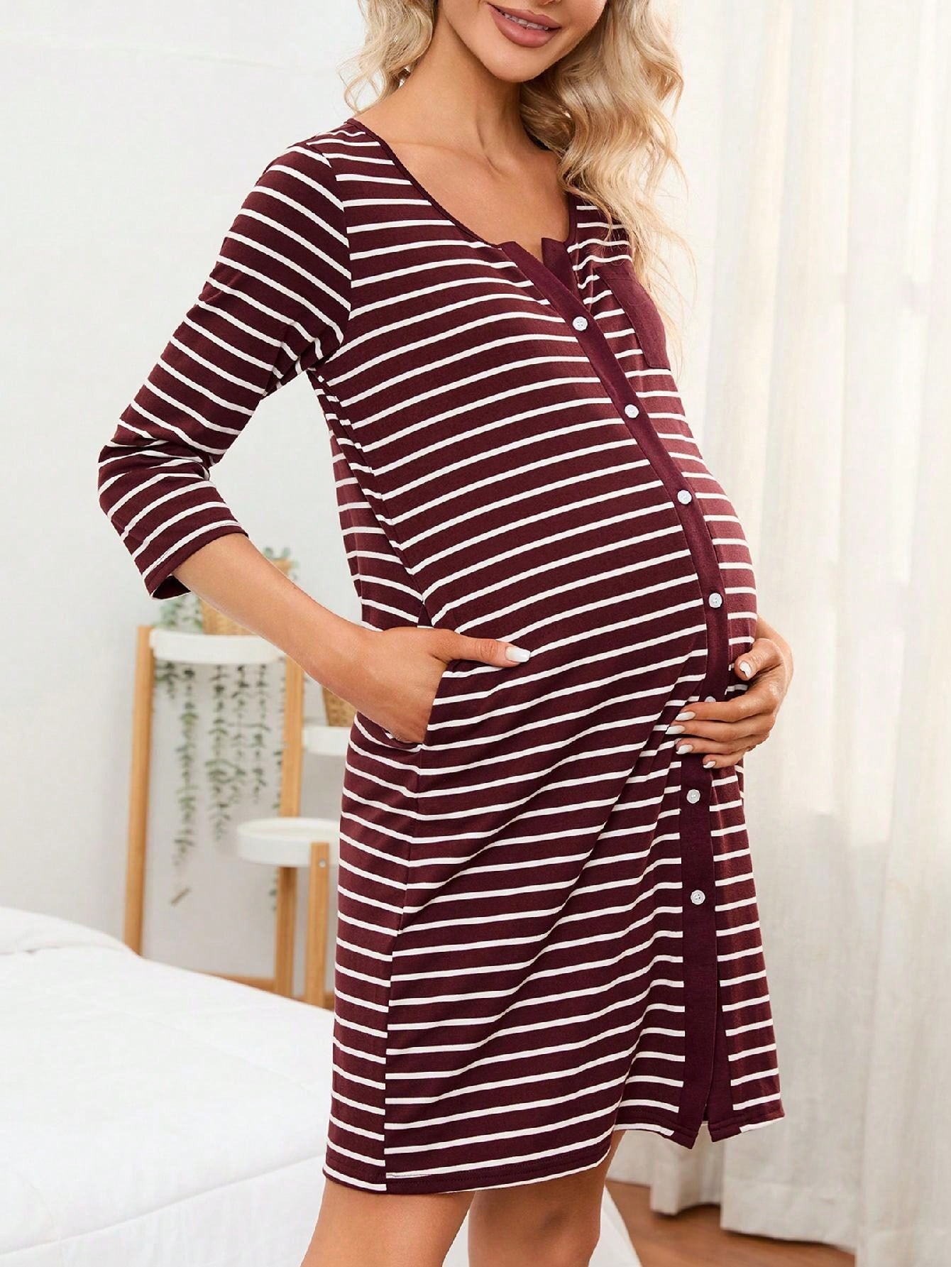 Mothers Day Gifts Maternity Nightgown Women's 3/4 Sleeve Striped Nursing Sleepshirt Full Button Breastfeeding Sleep Dress Burgundy 2XL
