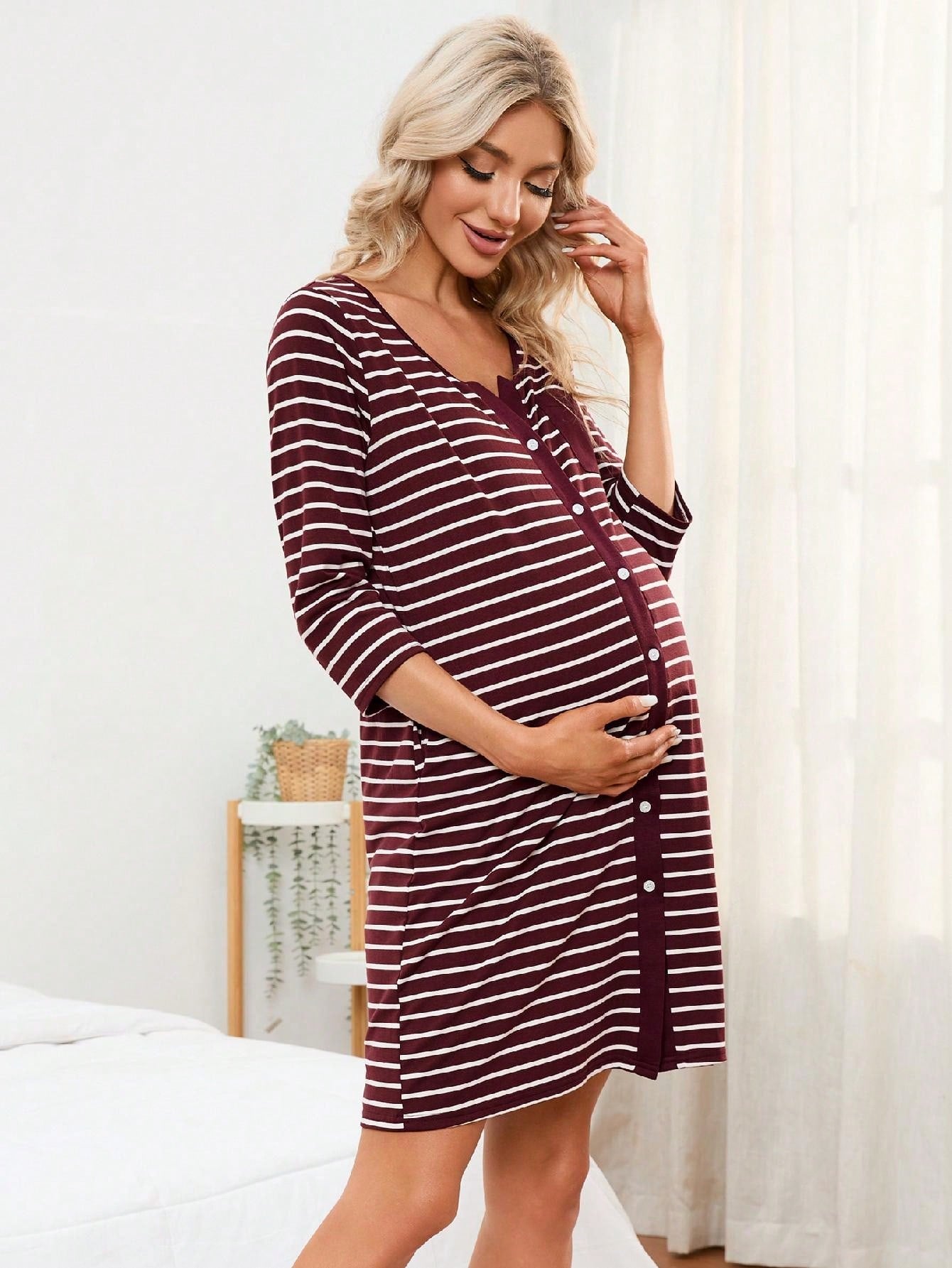 Mothers Day Gifts Maternity Nightgown Women's 3/4 Sleeve Striped Nursing Sleepshirt Full Button Breastfeeding Sleep Dress Burgundy 2XL