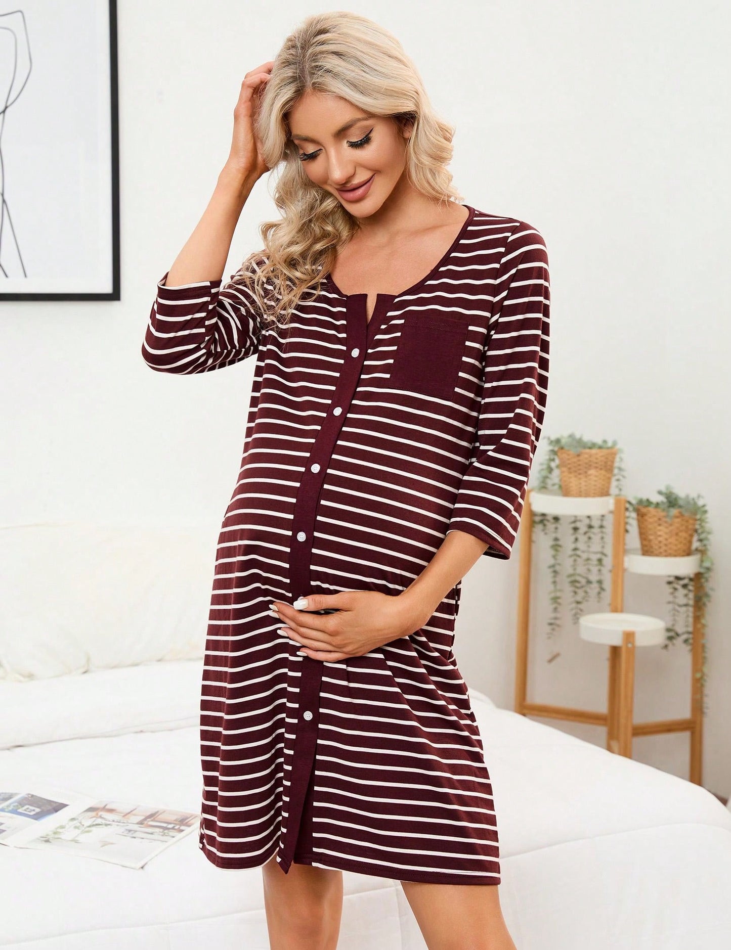 Mothers Day Gifts Maternity Nightgown Women's 3/4 Sleeve Striped Nursing Sleepshirt Full Button Breastfeeding Sleep Dress Burgundy 2XL
