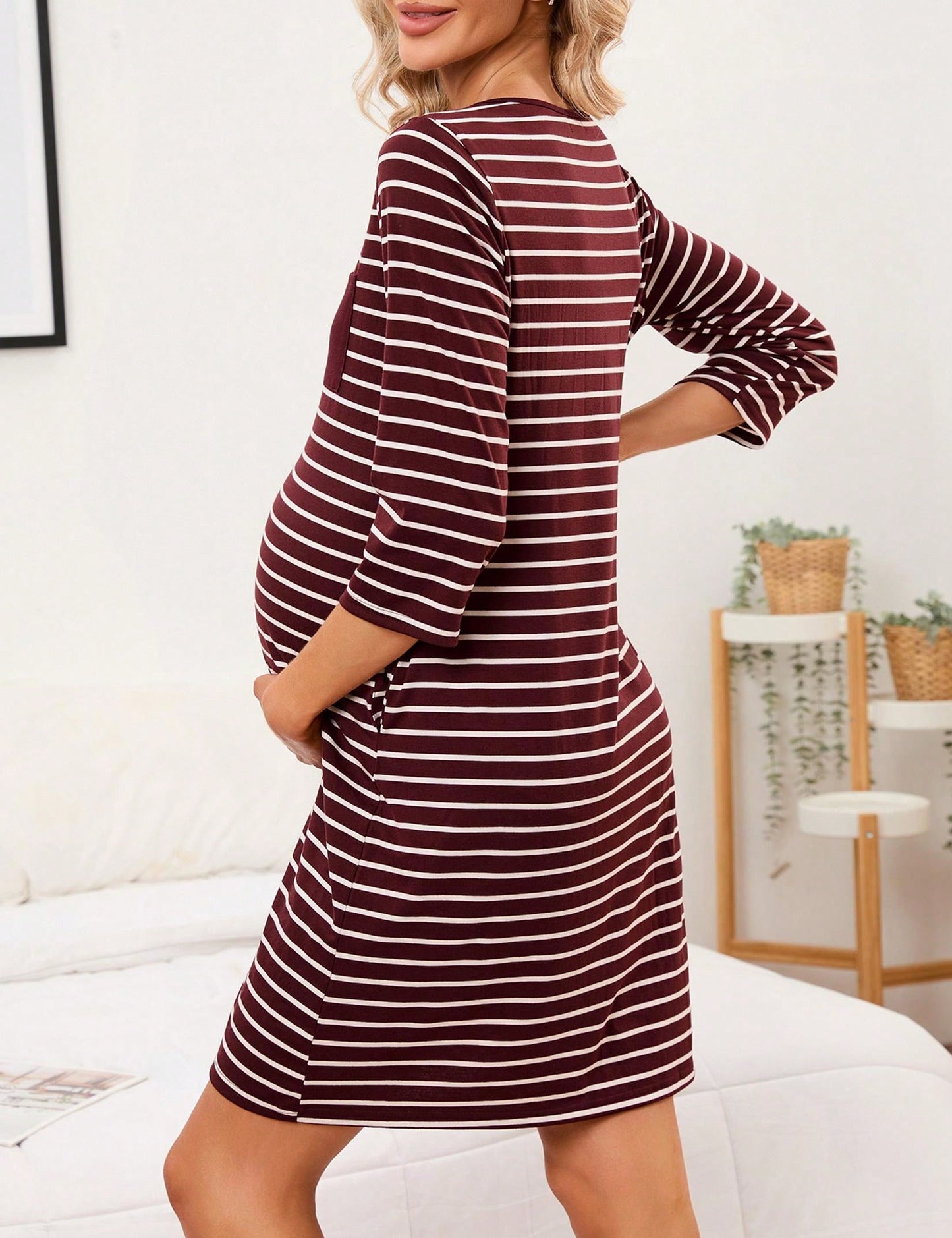 Mothers Day Gifts Maternity Nightgown Women's 3/4 Sleeve Striped Nursing Sleepshirt Full Button Breastfeeding Sleep Dress Burgundy 2XL