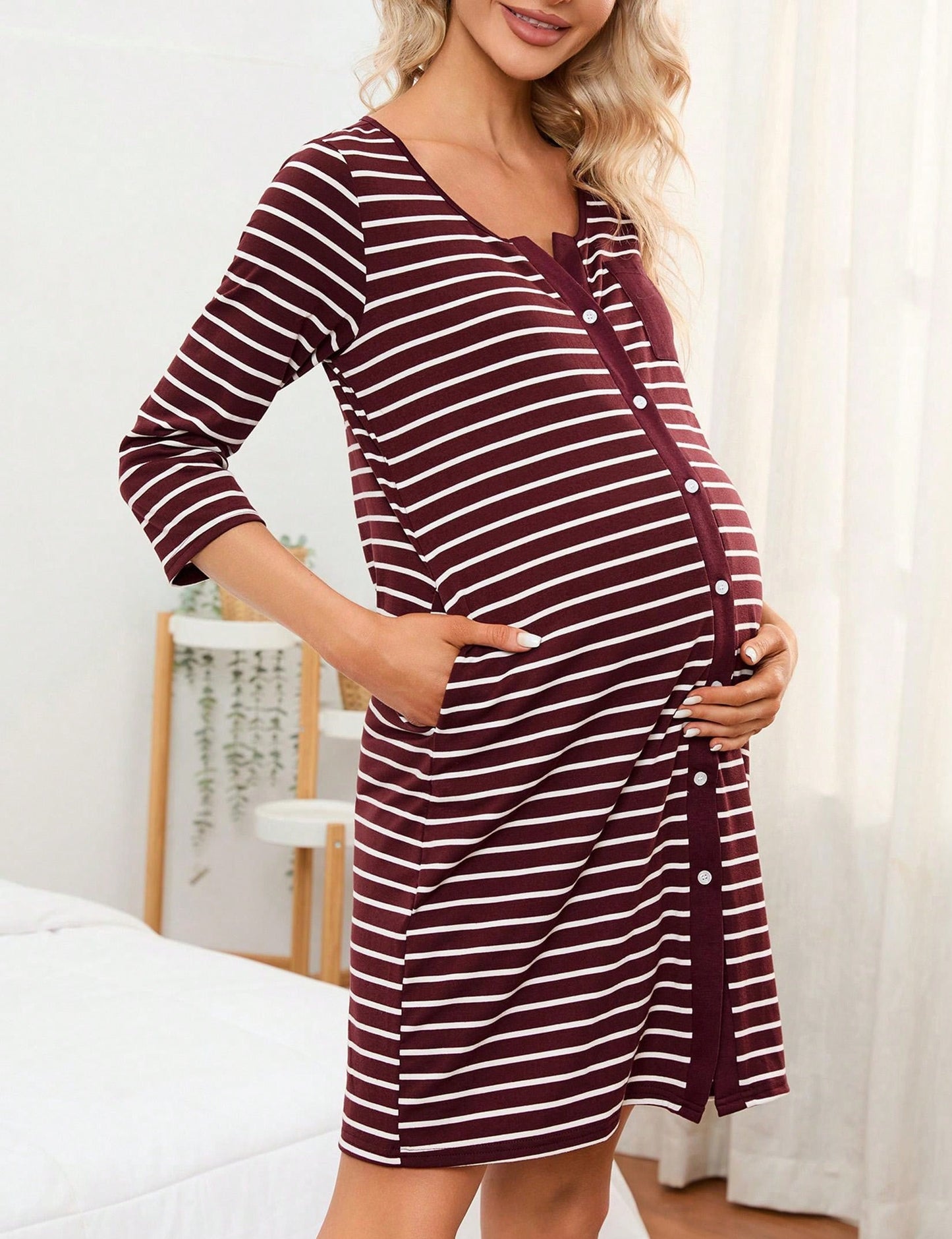Mothers Day Gifts Maternity Nightgown Women's 3/4 Sleeve Striped Nursing Sleepshirt Full Button Breastfeeding Sleep Dress Burgundy 2XL