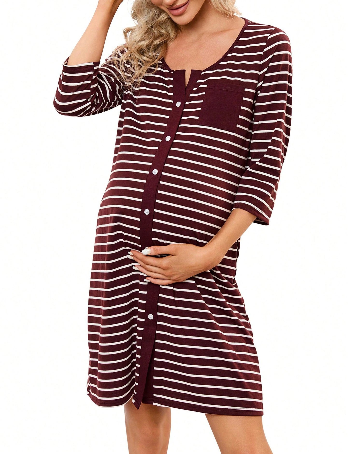 Mothers Day Gifts Maternity Nightgown Women's 3/4 Sleeve Striped Nursing Sleepshirt Full Button Breastfeeding Sleep Dress Burgundy 2XL
