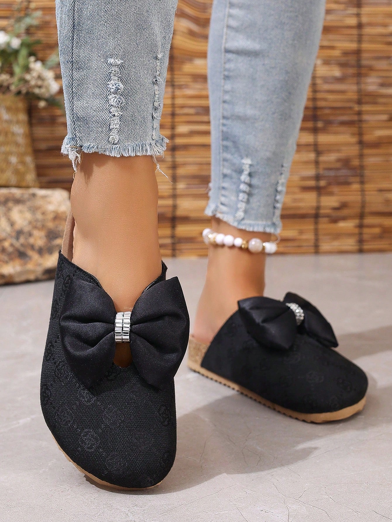 Striped Head Wrap Flat Slide Sandals, Round Toe With Tassel Buckle Closure, Women