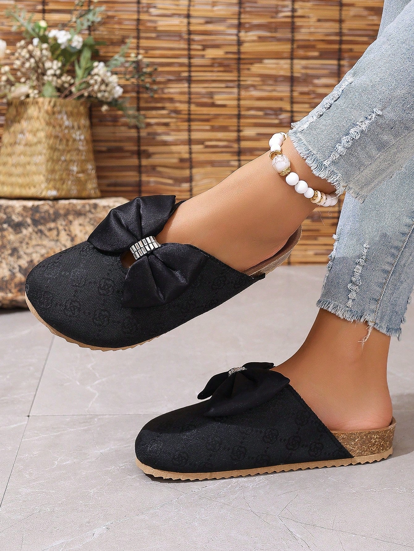 Striped Head Wrap Flat Slide Sandals, Round Toe With Tassel Buckle Closure, Women