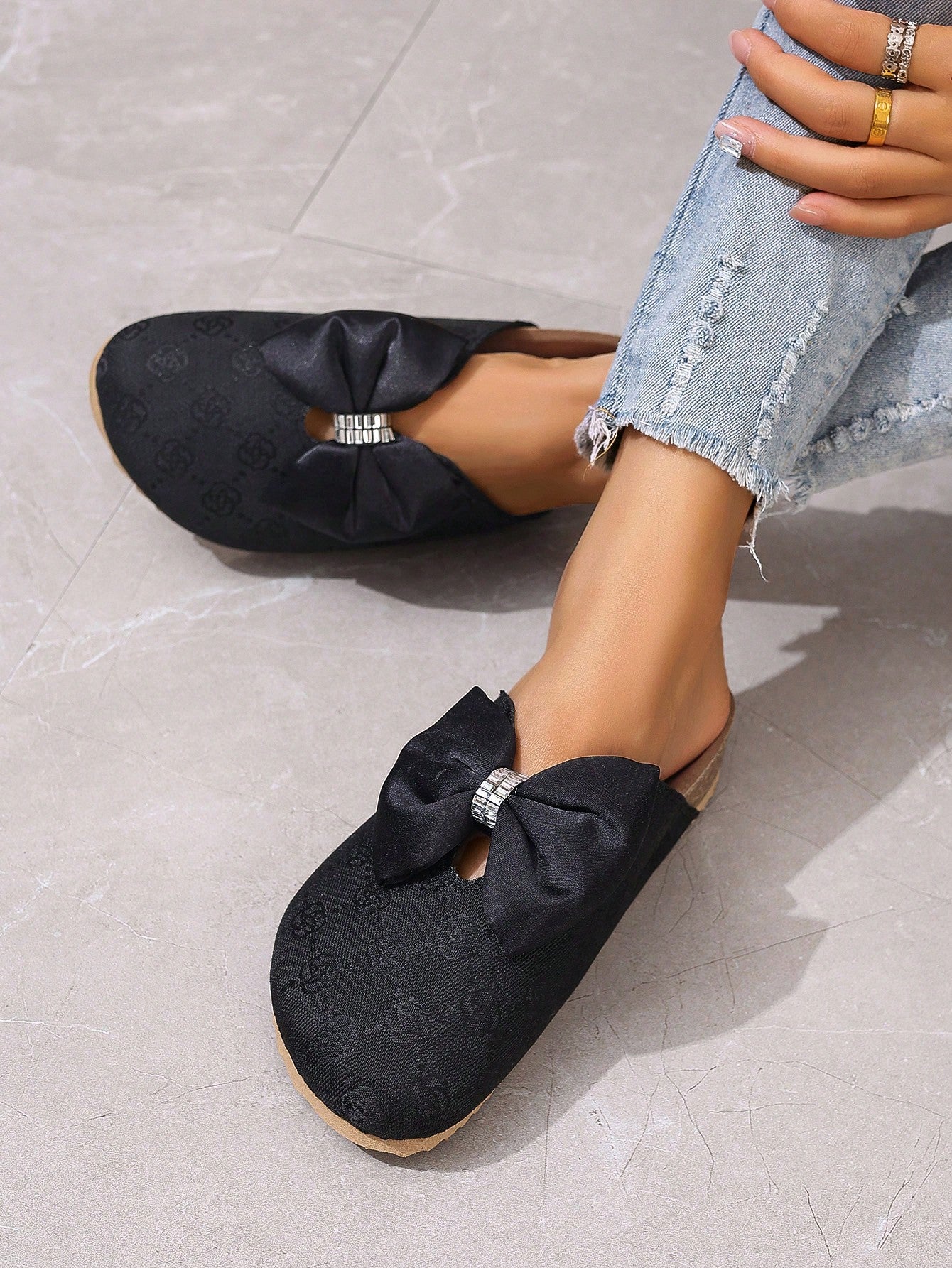 Striped Head Wrap Flat Slide Sandals, Round Toe With Tassel Buckle Closure, Women