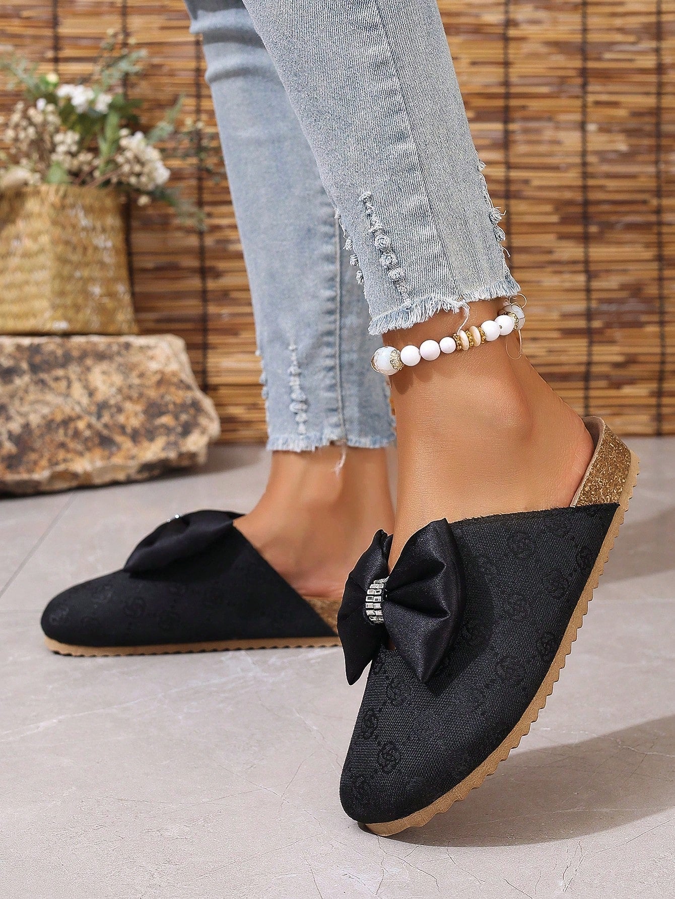 Striped Head Wrap Flat Slide Sandals, Round Toe With Tassel Buckle Closure, Women