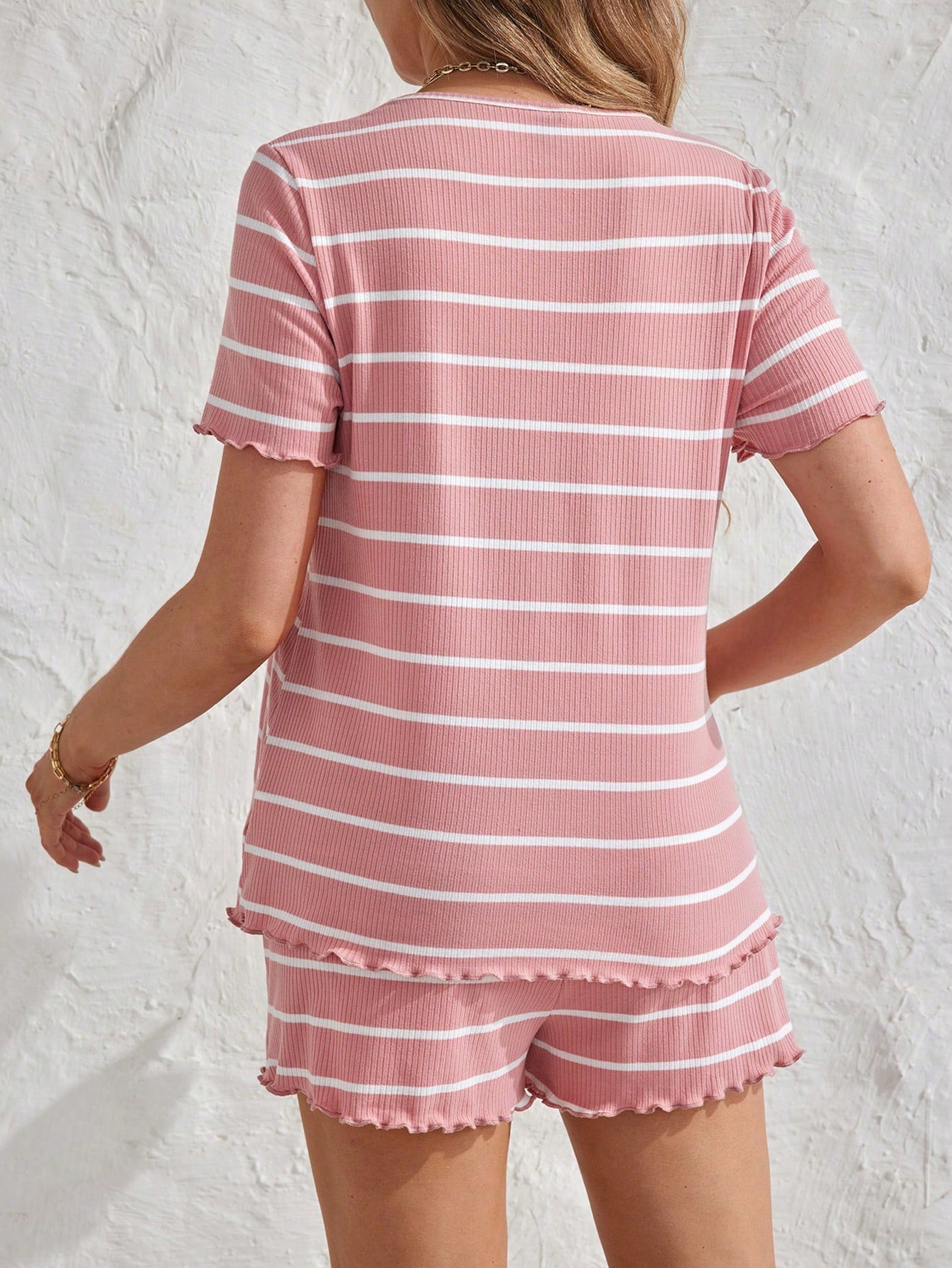 Maternity 2pcs/Set Round Neck Short Sleeve Striped Pajama, Suitable For Slouchy & Casual Summer