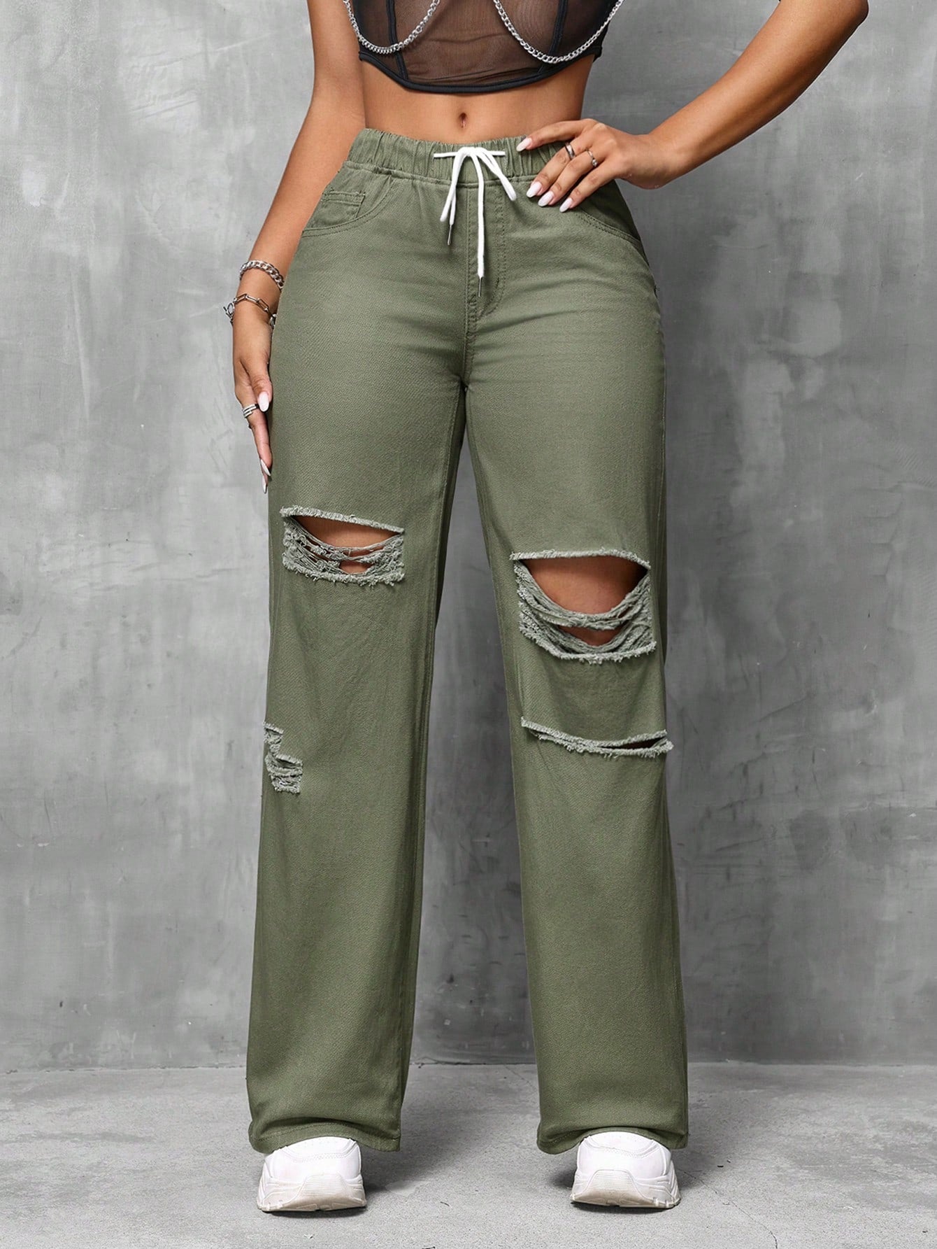 SXY Drawstring Waist Cut Out Ripped Wide Leg Jeans
