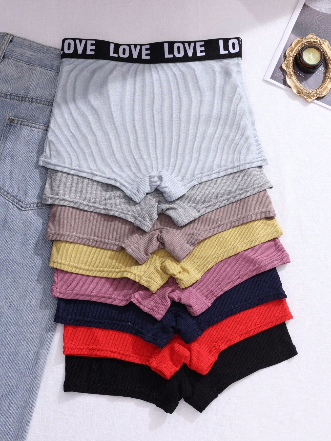 8pcs Women's Letter Printed Waistband Square Cut Underwear, Sports & Casual Shorts Set