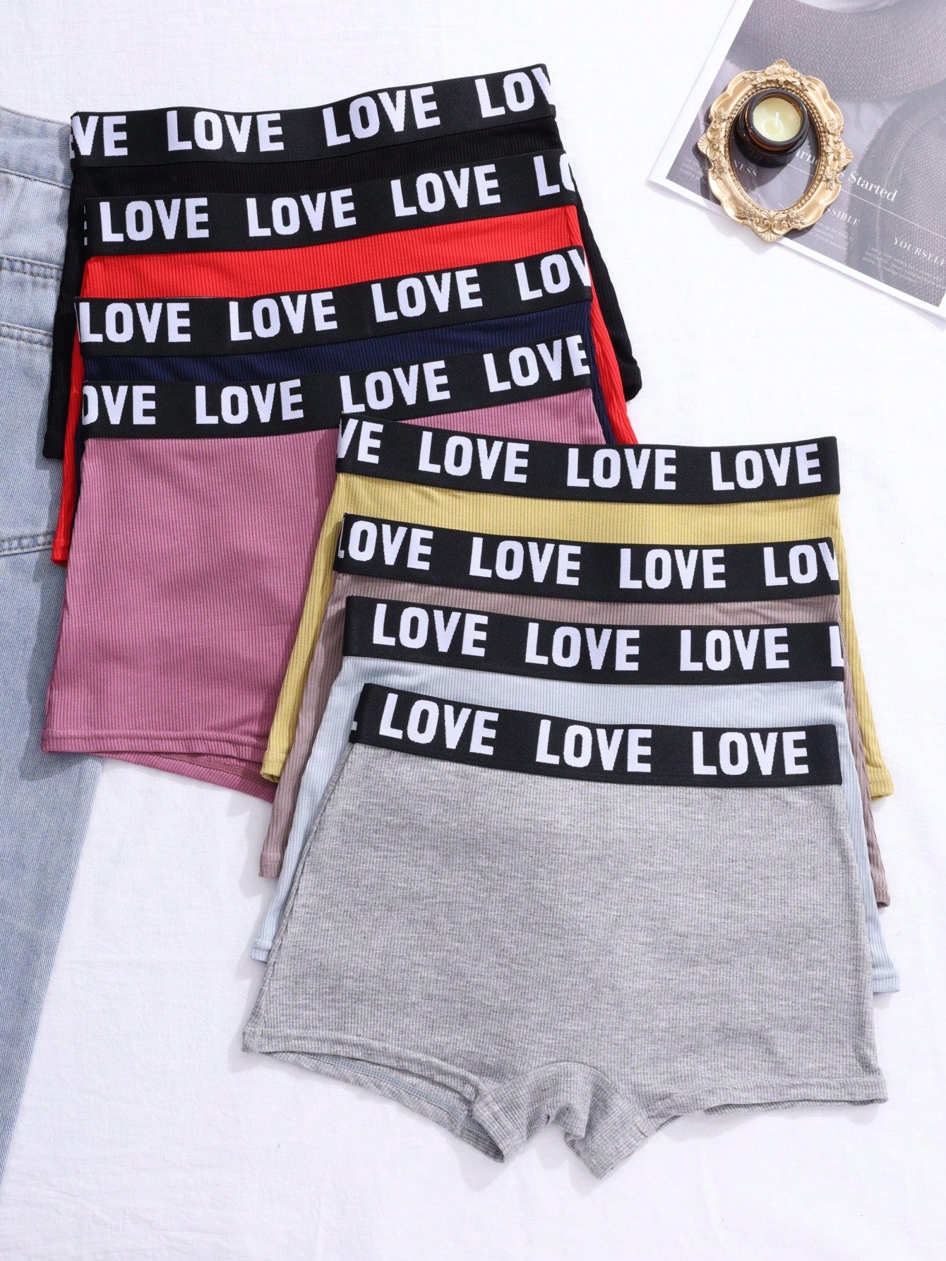 8pcs Women's Letter Printed Waistband Square Cut Underwear, Sports & Casual Shorts Set