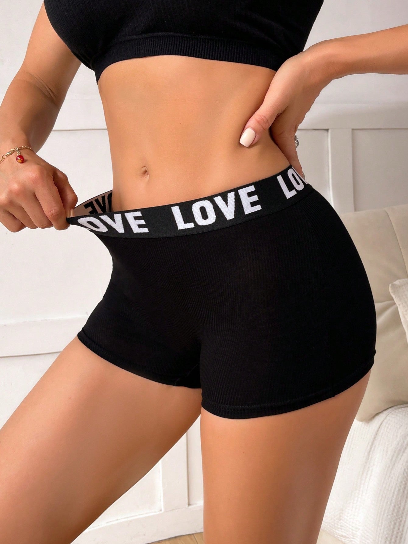 8pcs Women's Letter Printed Waistband Square Cut Underwear, Sports & Casual Shorts Set