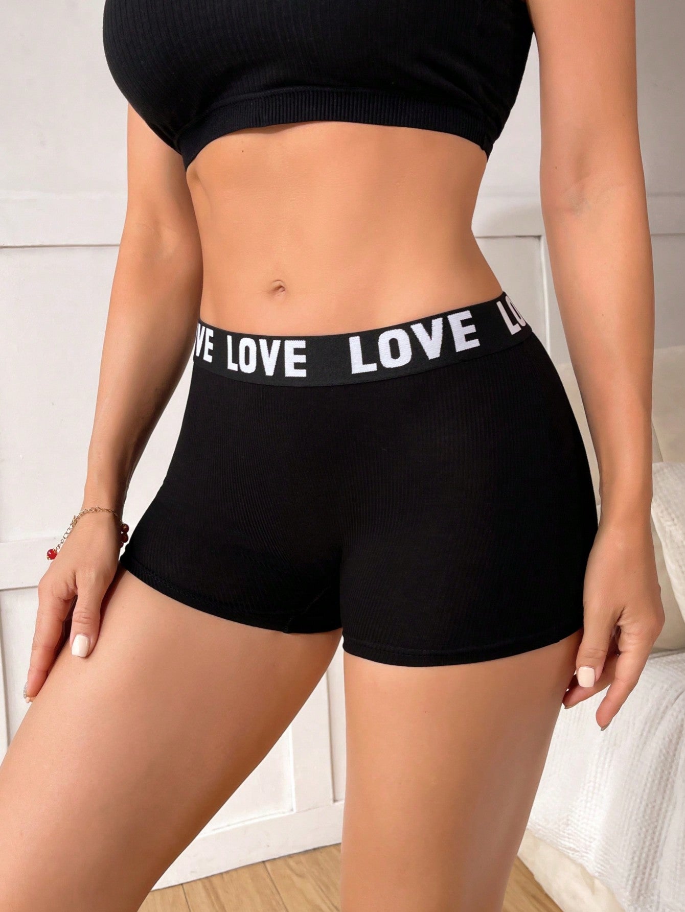 8pcs Women's Letter Printed Waistband Square Cut Underwear, Sports & Casual Shorts Set