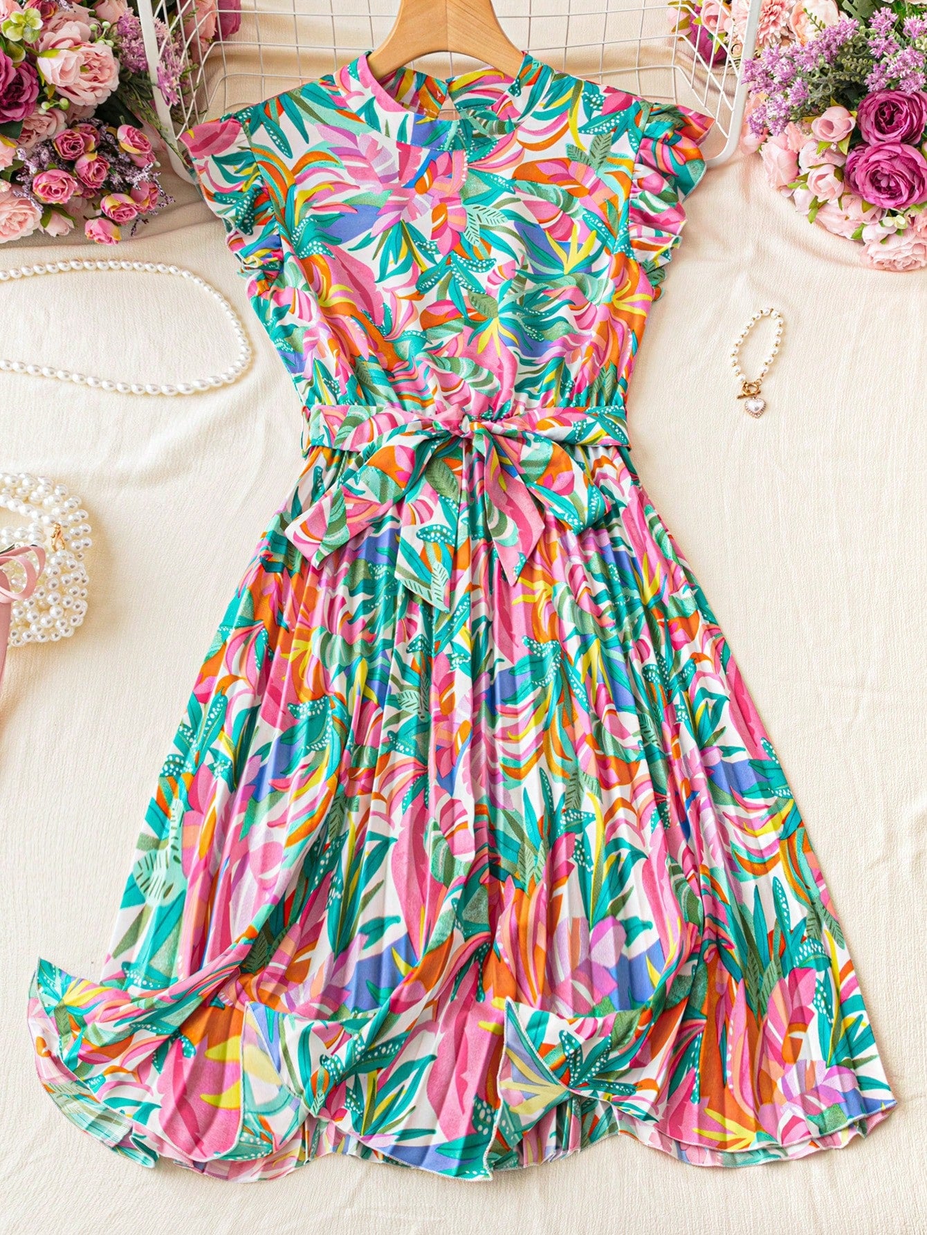 Relaxiva Floral Print Stand Collar Pleated Waist Holiday Dress