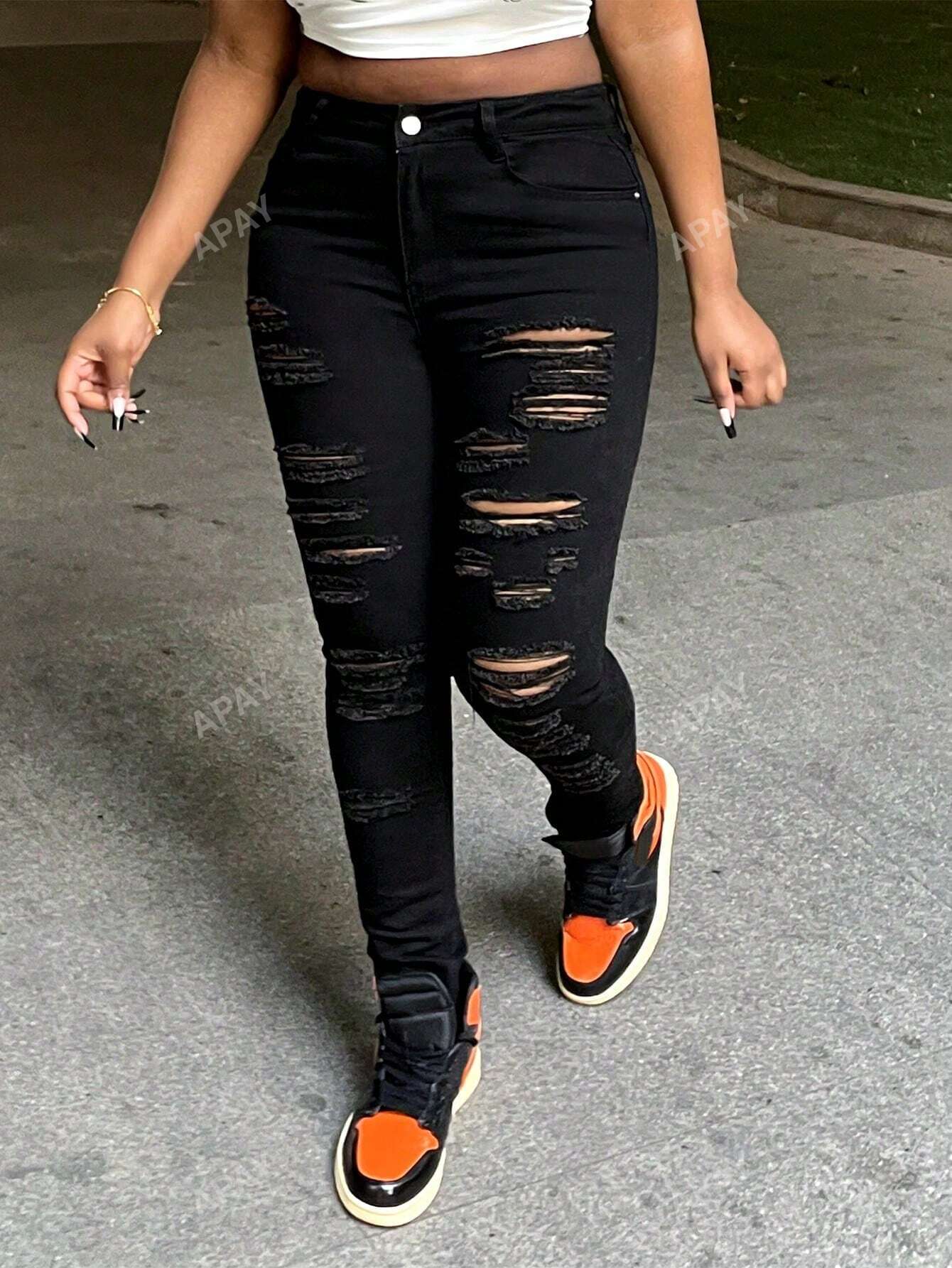 Women's Casual Cut-Out Slim Fit Stretch Skinny Pants With Pockets