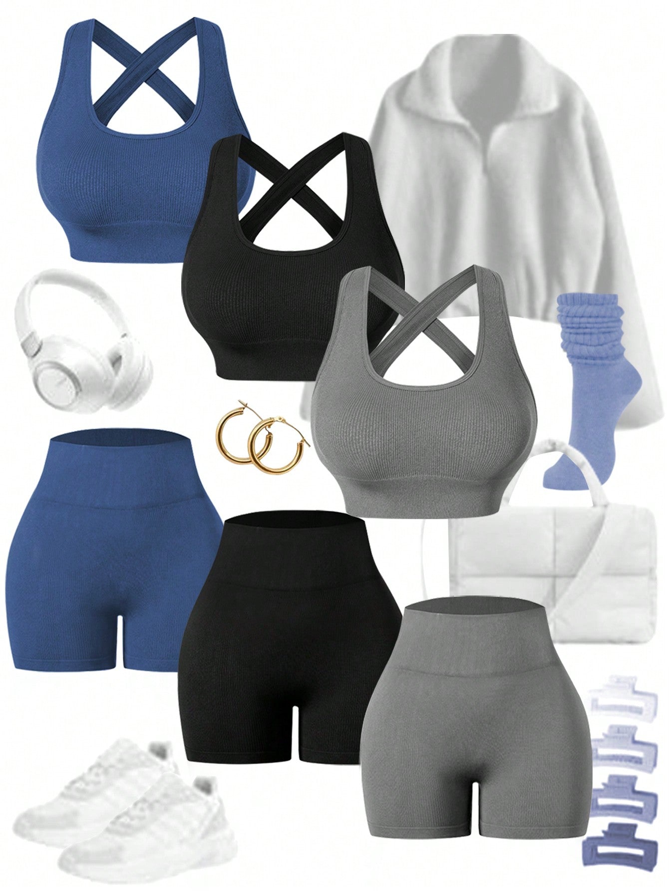 Sport Easify Women's Crew Neck Criss-Cross Back Top And Casual Seamless Shorts Yoga Texture Sports Set, Gym Clothes