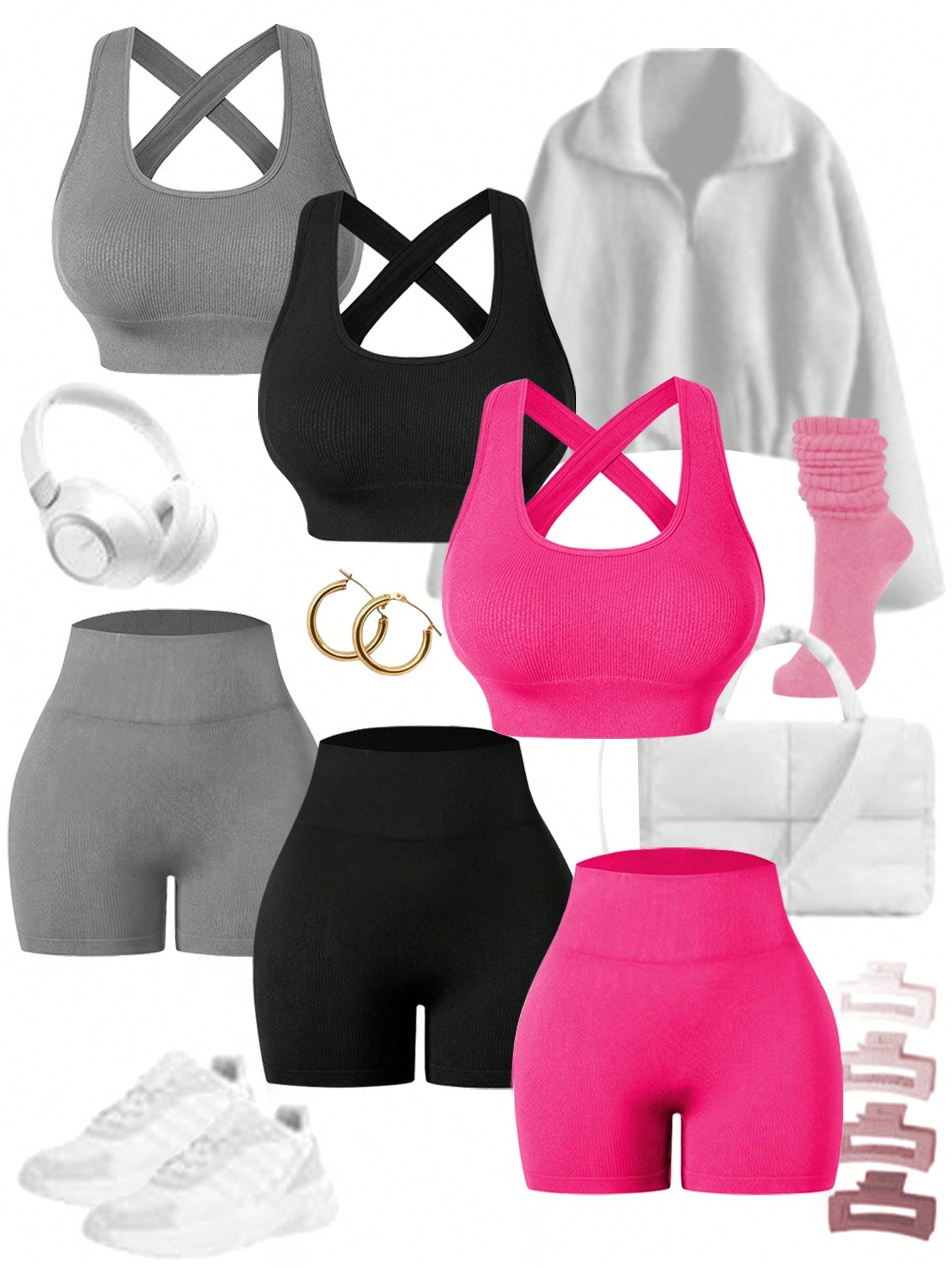 Sport Easify Women's Crew Neck Criss-Cross Back Top And Casual Seamless Shorts Yoga Texture Sports Set, Gym Clothes