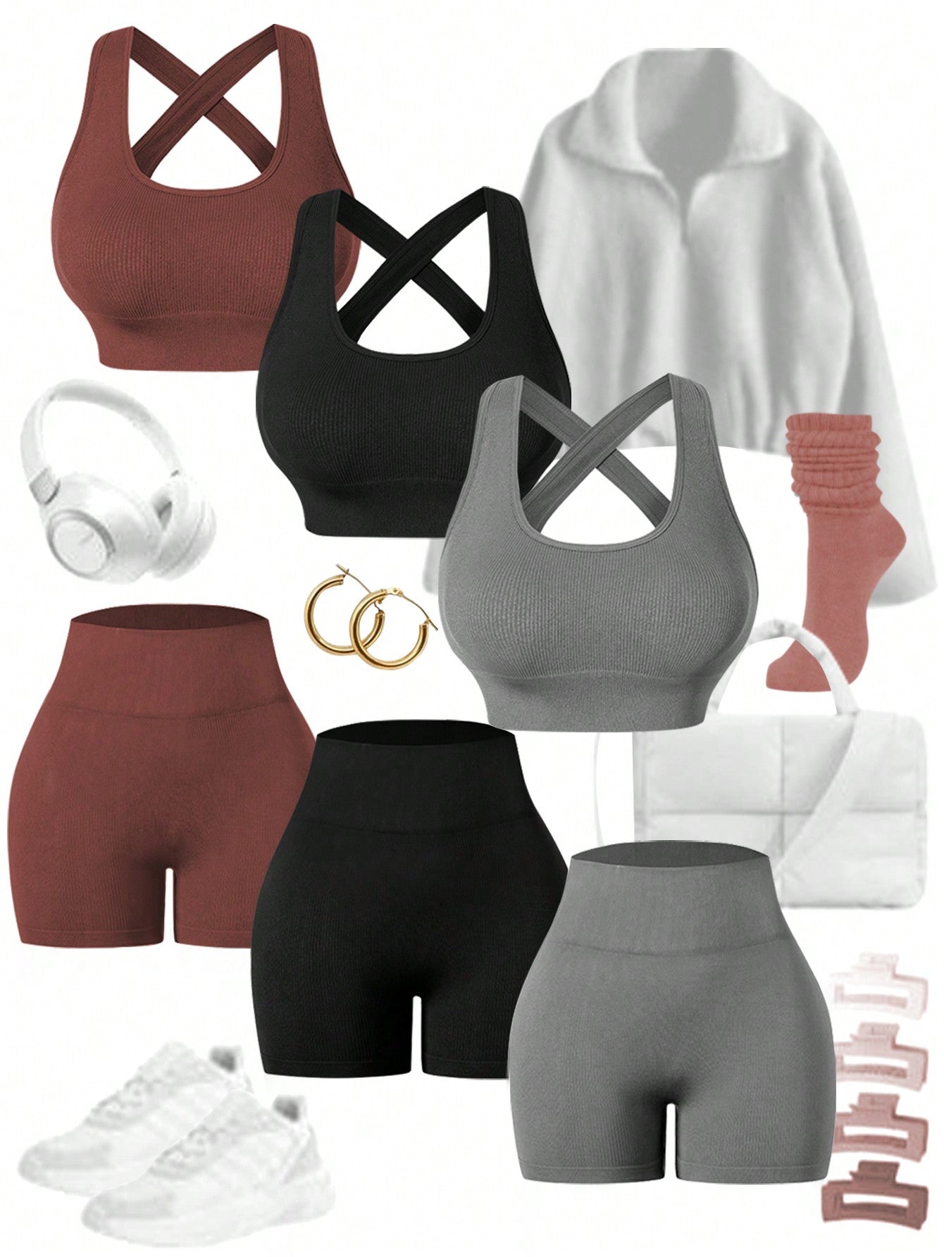 Sport Easify Women's Crew Neck Criss-Cross Back Top And Casual Seamless Shorts Yoga Texture Sports Set, Gym Clothes