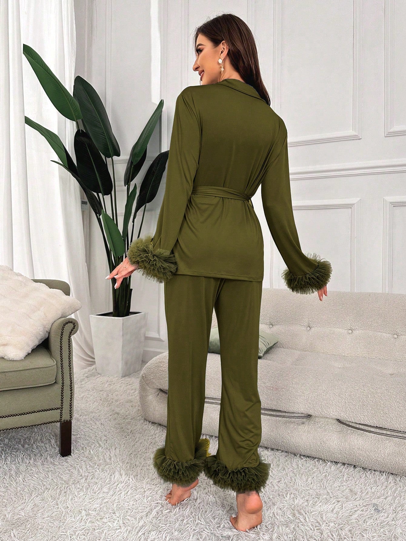 Women's Solid Color Contrast Mesh Sleeve Cuffed Top And Pants Pajama Set