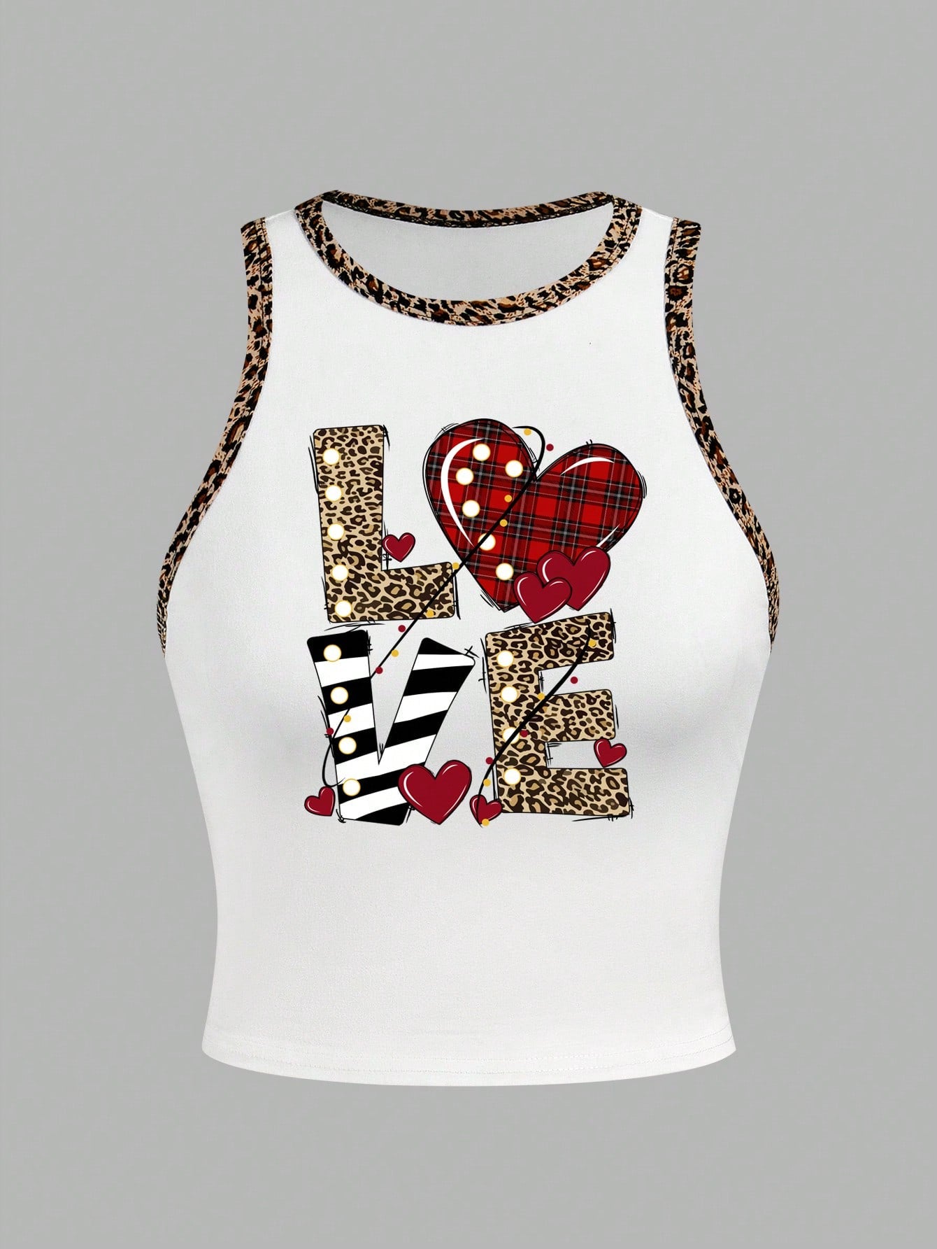 EZwear Pink Short Casual Leopard, Plaid, Striped Print Love Letter Pattern Round Neck Tank Top For Women, Summer