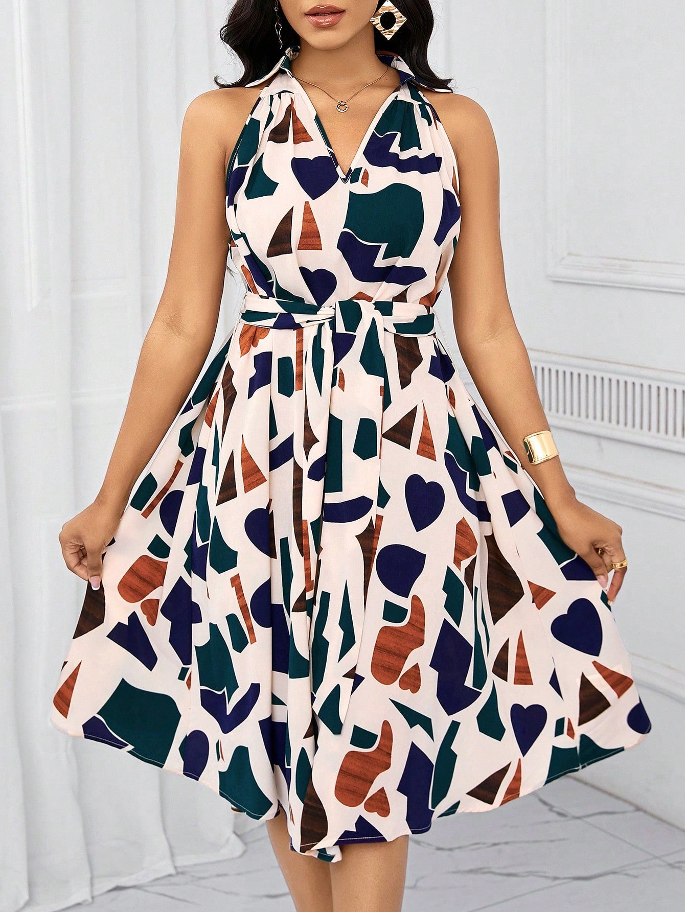 Lady Holiday Dresses Geometric Print Bow Waist Dress For Women Summe
