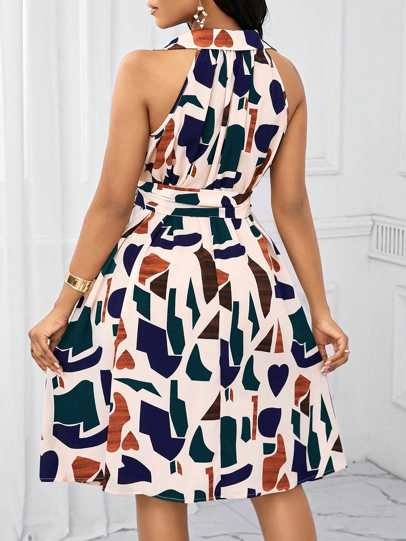 Lady Holiday Dresses Geometric Print Bow Waist Dress For Women Summe