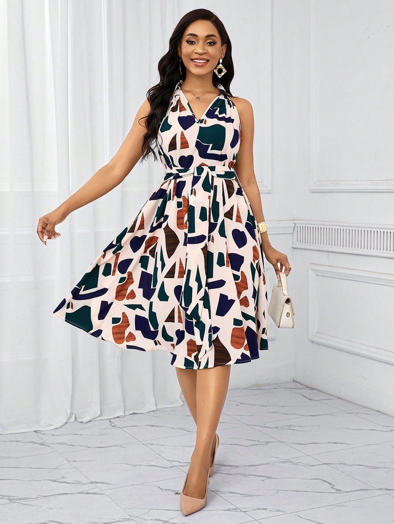 Lady Holiday Dresses Geometric Print Bow Waist Dress For Women Summe