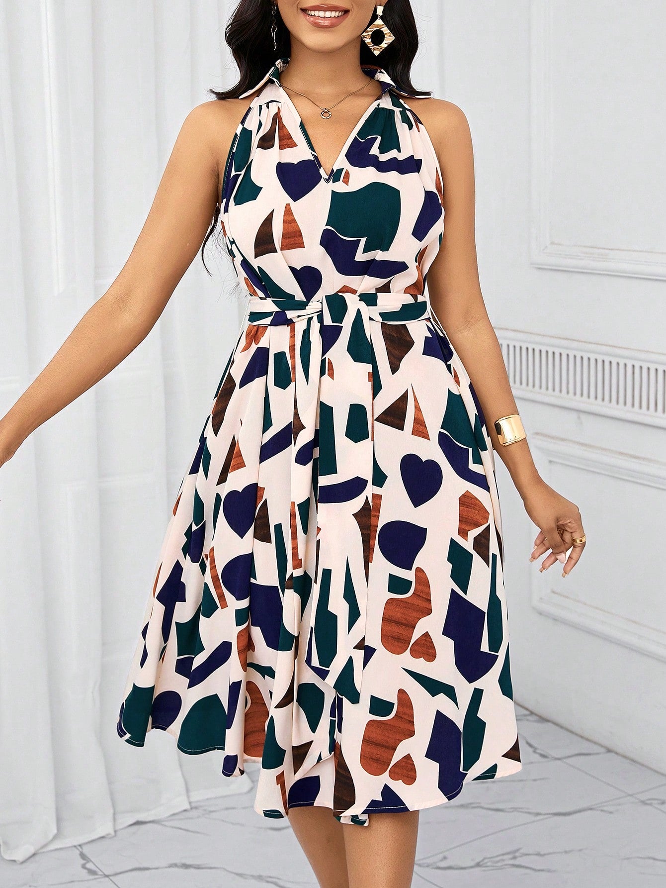 Lady Holiday Dresses Geometric Print Bow Waist Dress For Women Summe