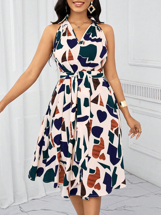 Lady Holiday Dresses Geometric Print Bow Waist Dress For Women Summe