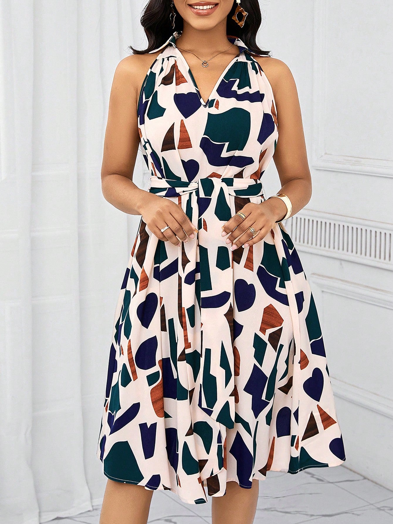 Lady Holiday Dresses Geometric Print Bow Waist Dress For Women Summe