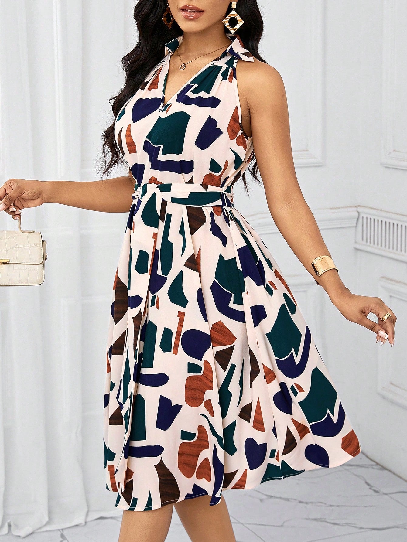 Lady Holiday Dresses Geometric Print Bow Waist Dress For Women Summe