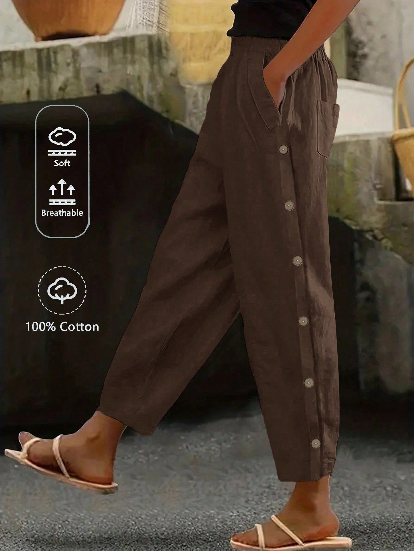 EMERY ROSE Women Casual Daily Wear Side Button Straight Pants