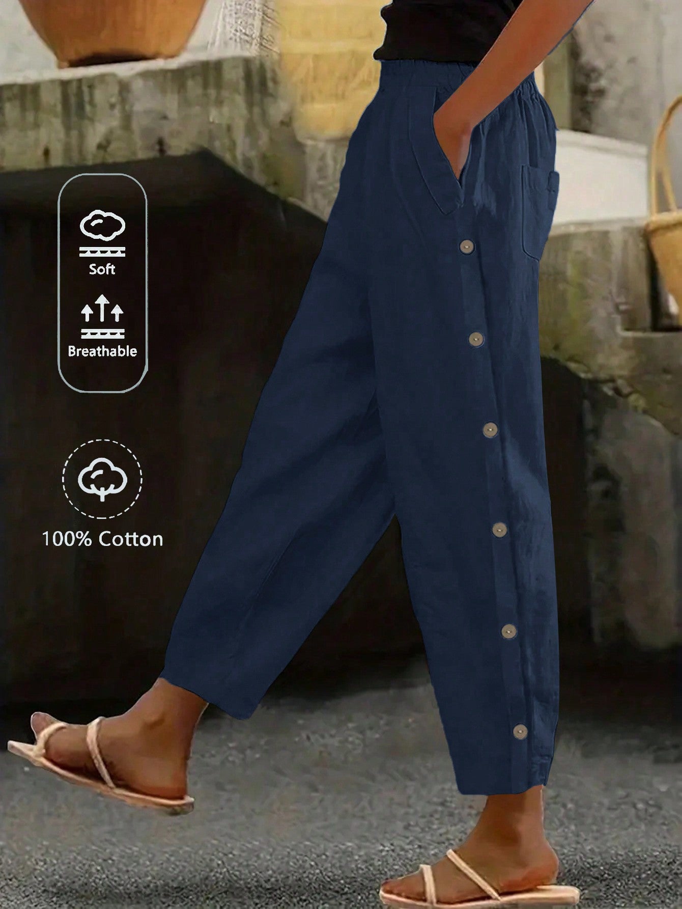 EMERY ROSE Women Casual Daily Wear Side Button Straight Pants