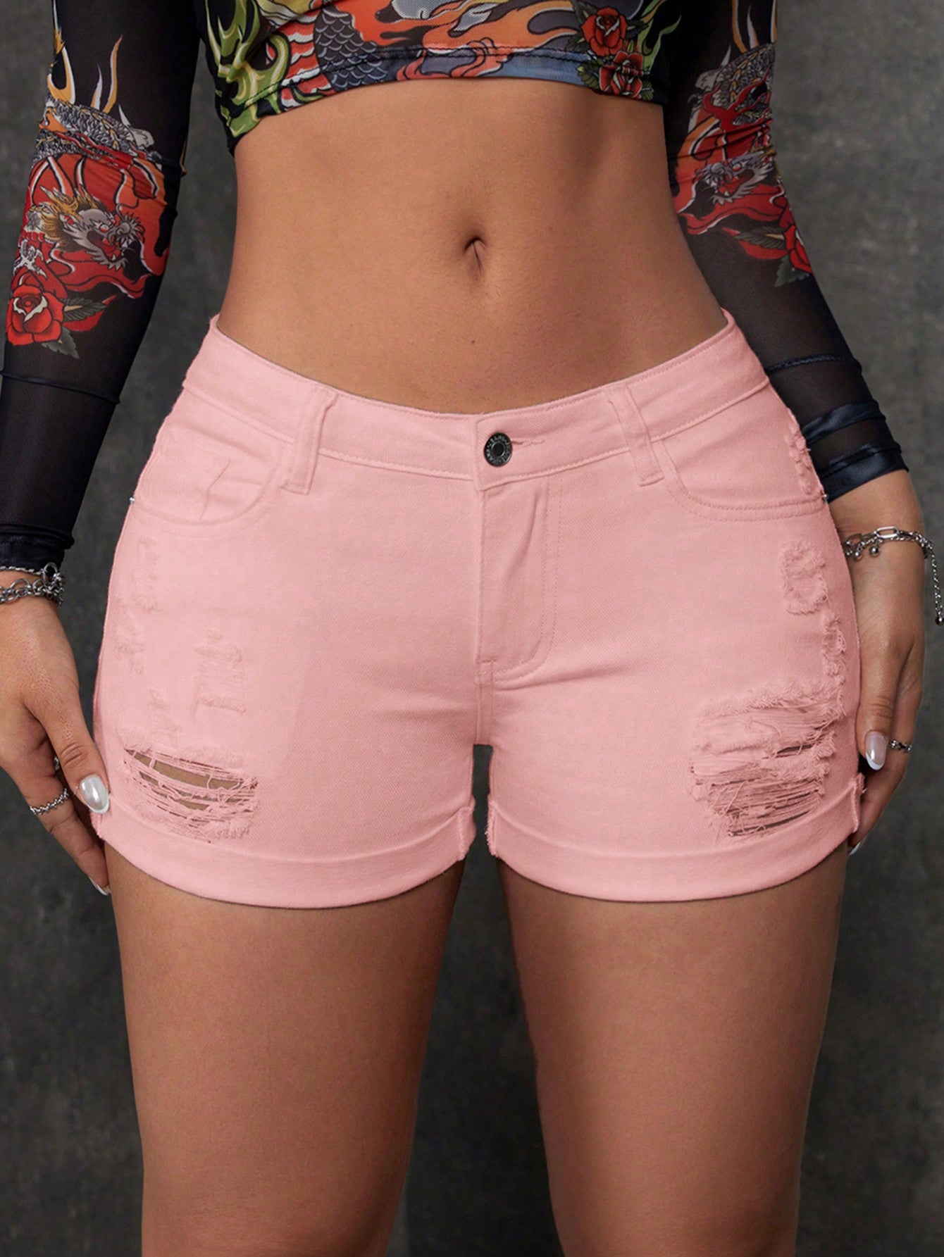 EZwear Women's Casual Denim Shorts With Distressed Detail And Rolled Hem