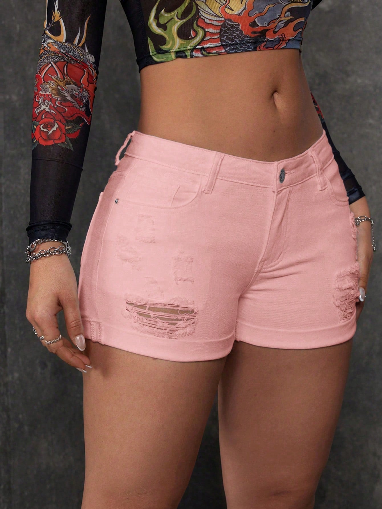 EZwear Women's Casual Denim Shorts With Distressed Detail And Rolled Hem