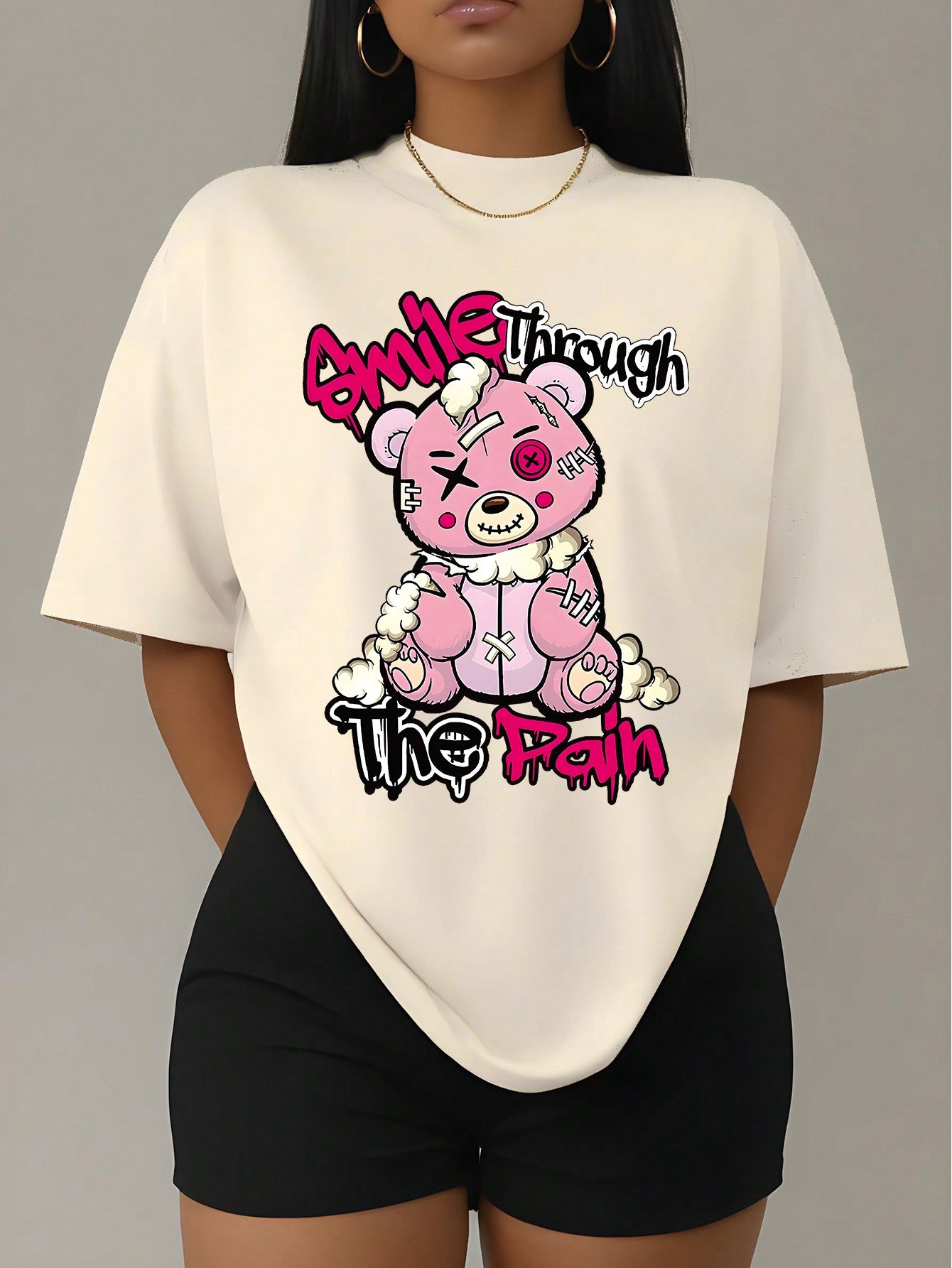 Slayr Women's Slim Fit Casual Short Sleeve T-Shirt, Summer Outfit, Leisure & Comfortable, Round Neck, Fashionable Streetwear, Printed With 'Smile Through The Pain' And Bear Design, Smile Through The Pain Graphic Tees Women Tops
