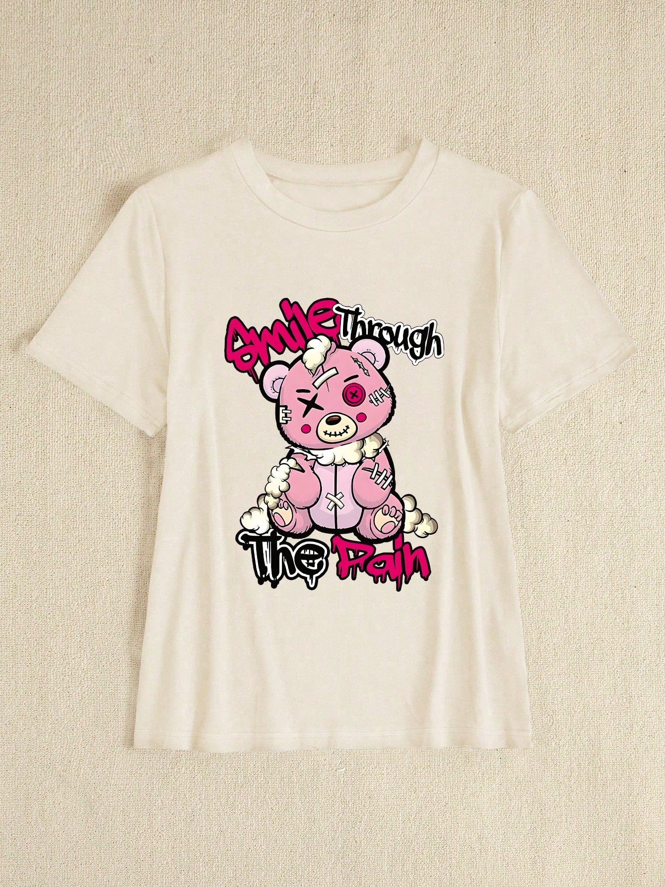 Slayr Women's Slim Fit Casual Short Sleeve T-Shirt, Summer Outfit, Leisure & Comfortable, Round Neck, Fashionable Streetwear, Printed With 'Smile Through The Pain' And Bear Design, Smile Through The Pain Graphic Tees Women Tops