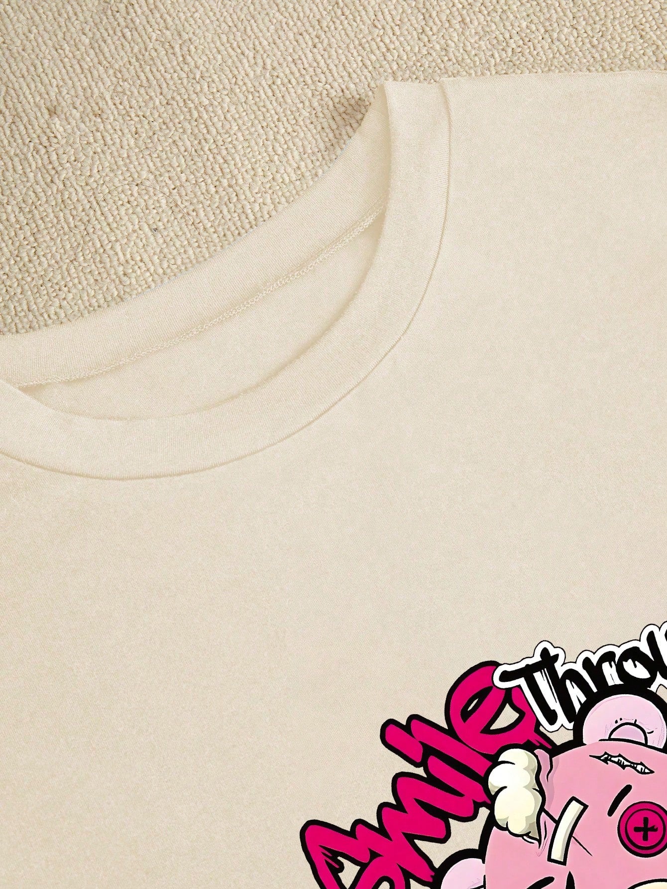 Slayr Women's Slim Fit Casual Short Sleeve T-Shirt, Summer Outfit, Leisure & Comfortable, Round Neck, Fashionable Streetwear, Printed With 'Smile Through The Pain' And Bear Design, Smile Through The Pain Graphic Tees Women Tops