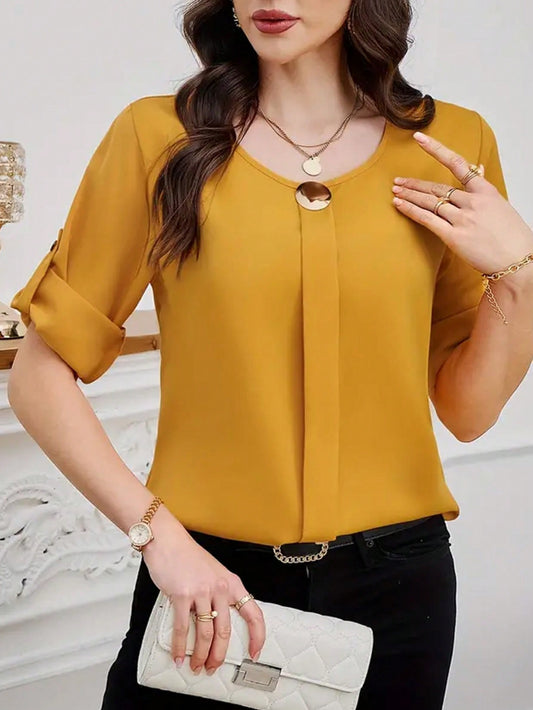 Clasi Women Solid Roll Up Sleeve Blouse