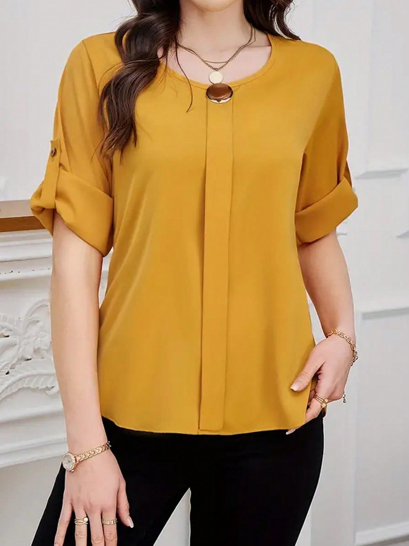 Clasi Women Solid Roll Up Sleeve Blouse