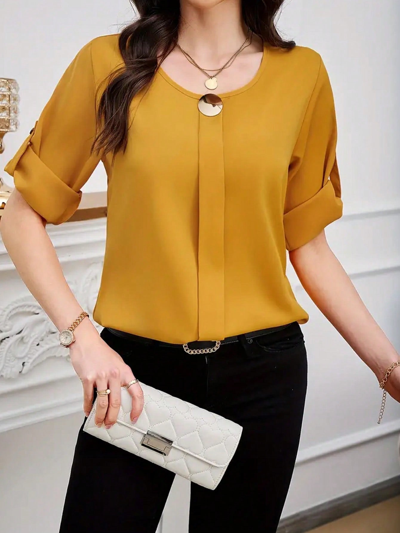 Clasi Women Solid Roll Up Sleeve Blouse