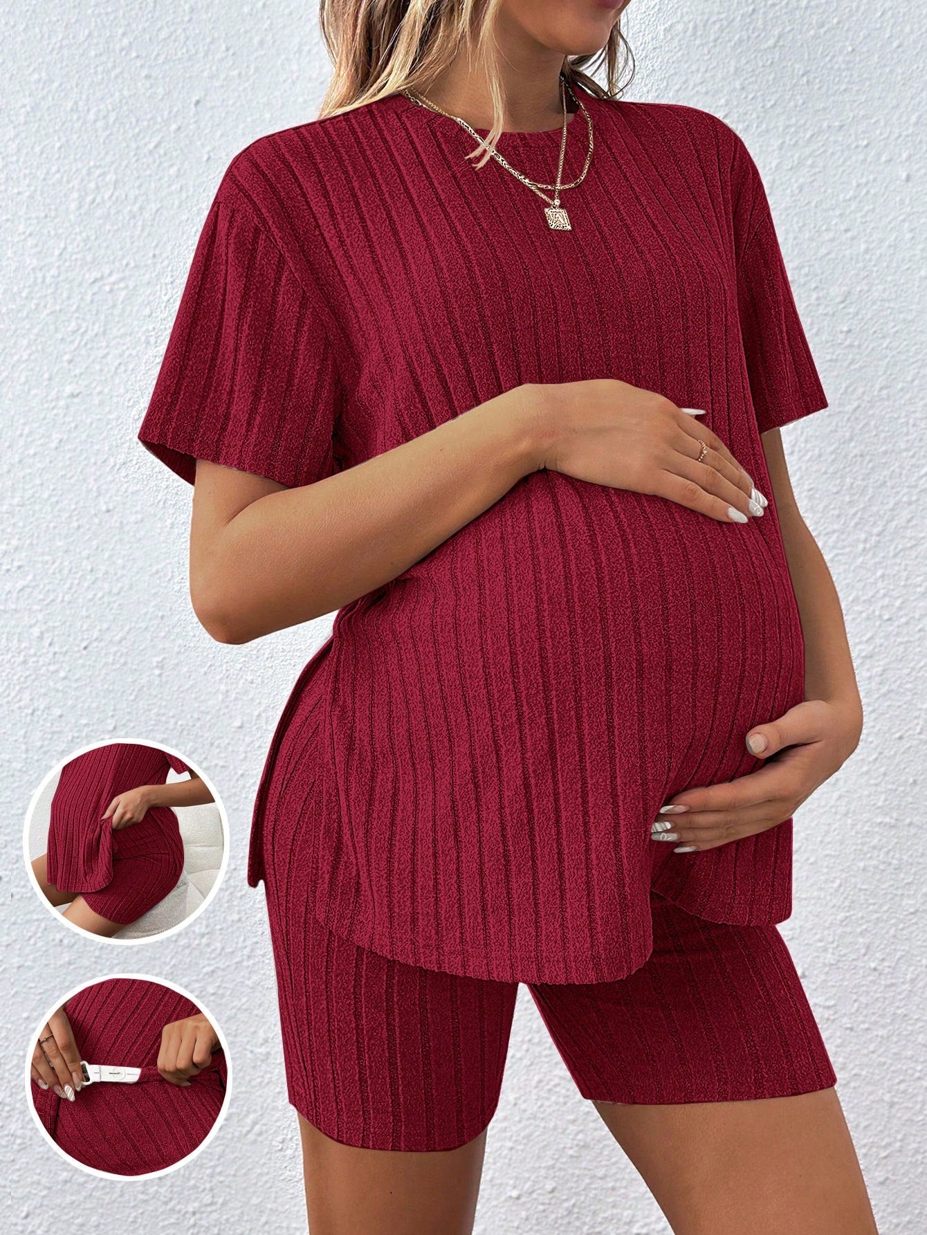 Women's Casual Loose Round Neck T-Shirt With Adjustable Elastic Waist Shorts, Maternity 2pcs Set