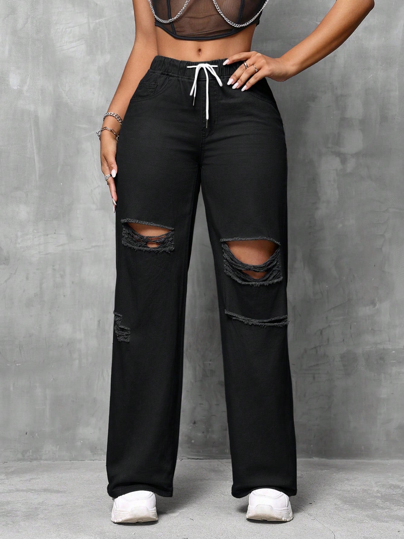 SXY Drawstring Waist Cut Out Ripped Wide Leg Jeans