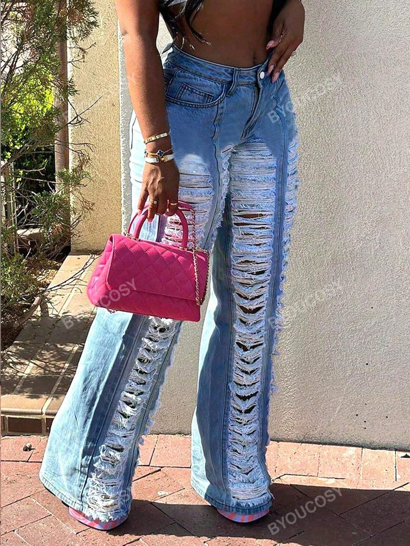 Sexy Ripped Ripped Straight Denim Trousers