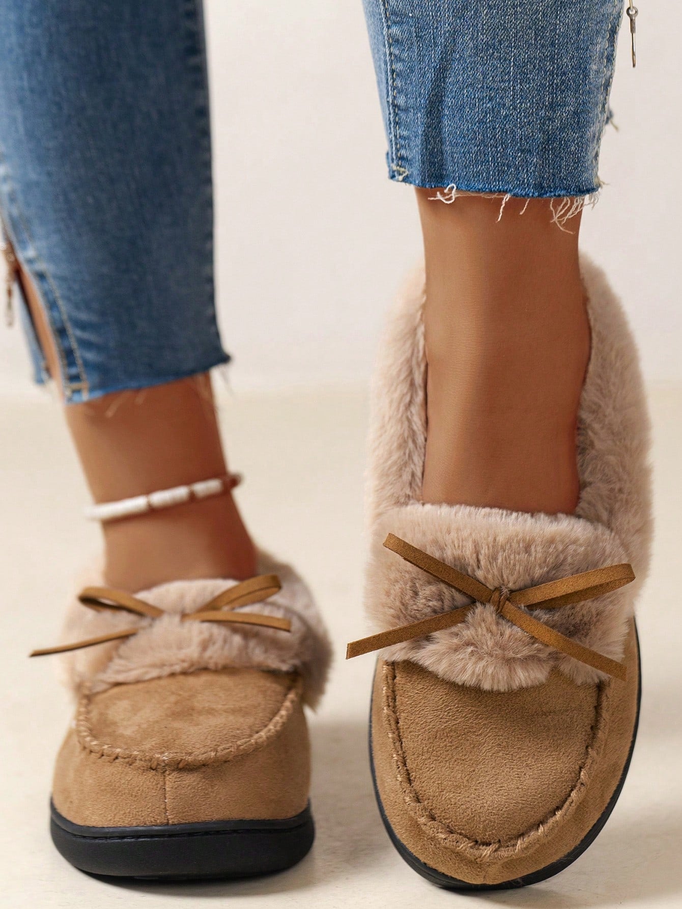 High-Density Memory Foam Slippers With Long Plush Interior, Winter Indoor Slippers, Bow Slippers, Non-Slip Slippers, Women's Slippers, Holiday Gift