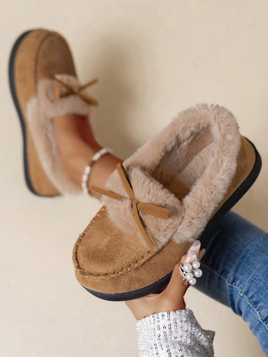 High-Density Memory Foam Slippers With Long Plush Interior, Winter Indoor Slippers, Bow Slippers, Non-Slip Slippers, Women's Slippers, Holiday Gift