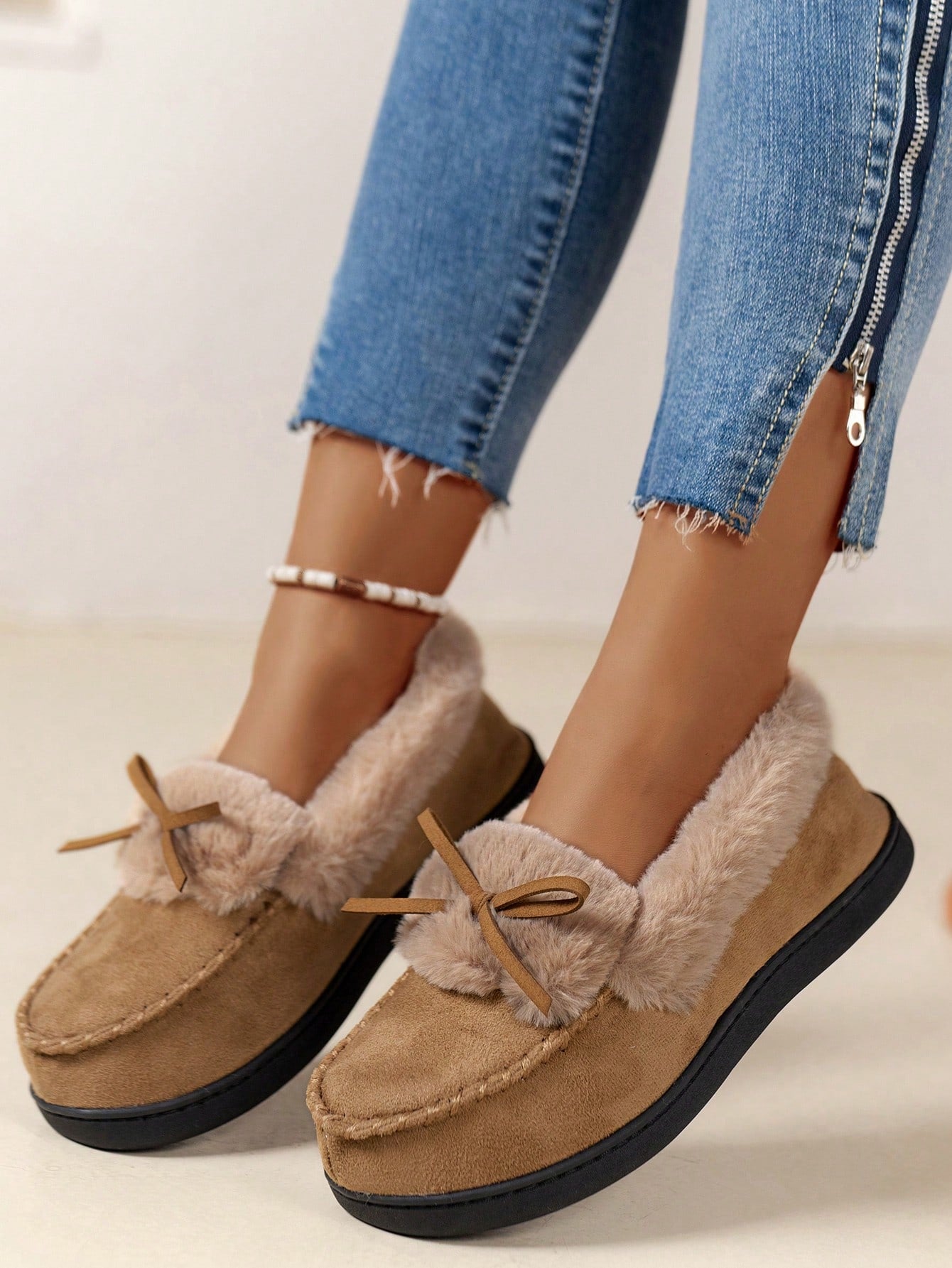 High-Density Memory Foam Slippers With Long Plush Interior, Winter Indoor Slippers, Bow Slippers, Non-Slip Slippers, Women's Slippers, Holiday Gift