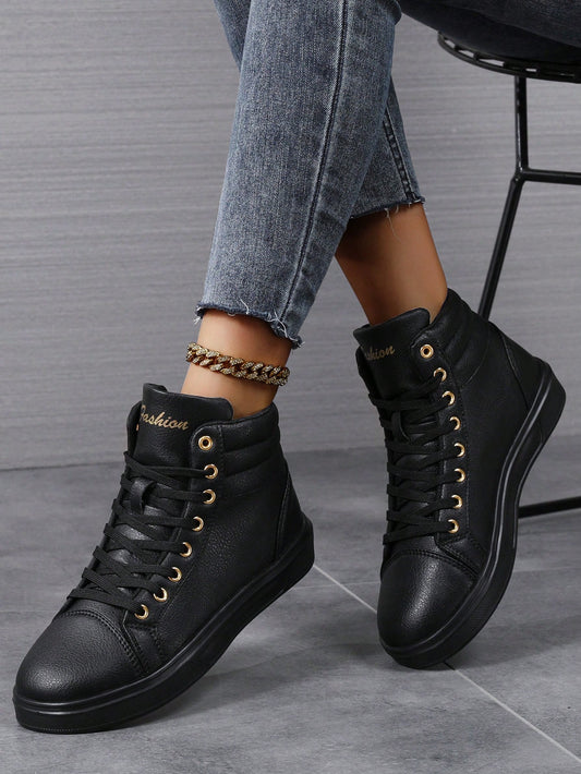 Women's Minimalist Letter Print Lace-Up Front Casual Sports Outdoor High-Top Sneakers, Unisex Couple Matching Colorblock Athletic Shoes