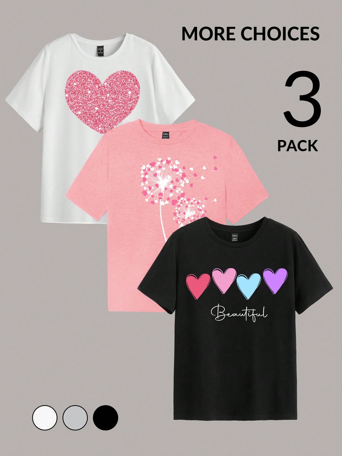 LUNE 3pcs Casual Heart, Letter Printed Round Neck Short Sleeve Women's T-Shirts, Summer Tee