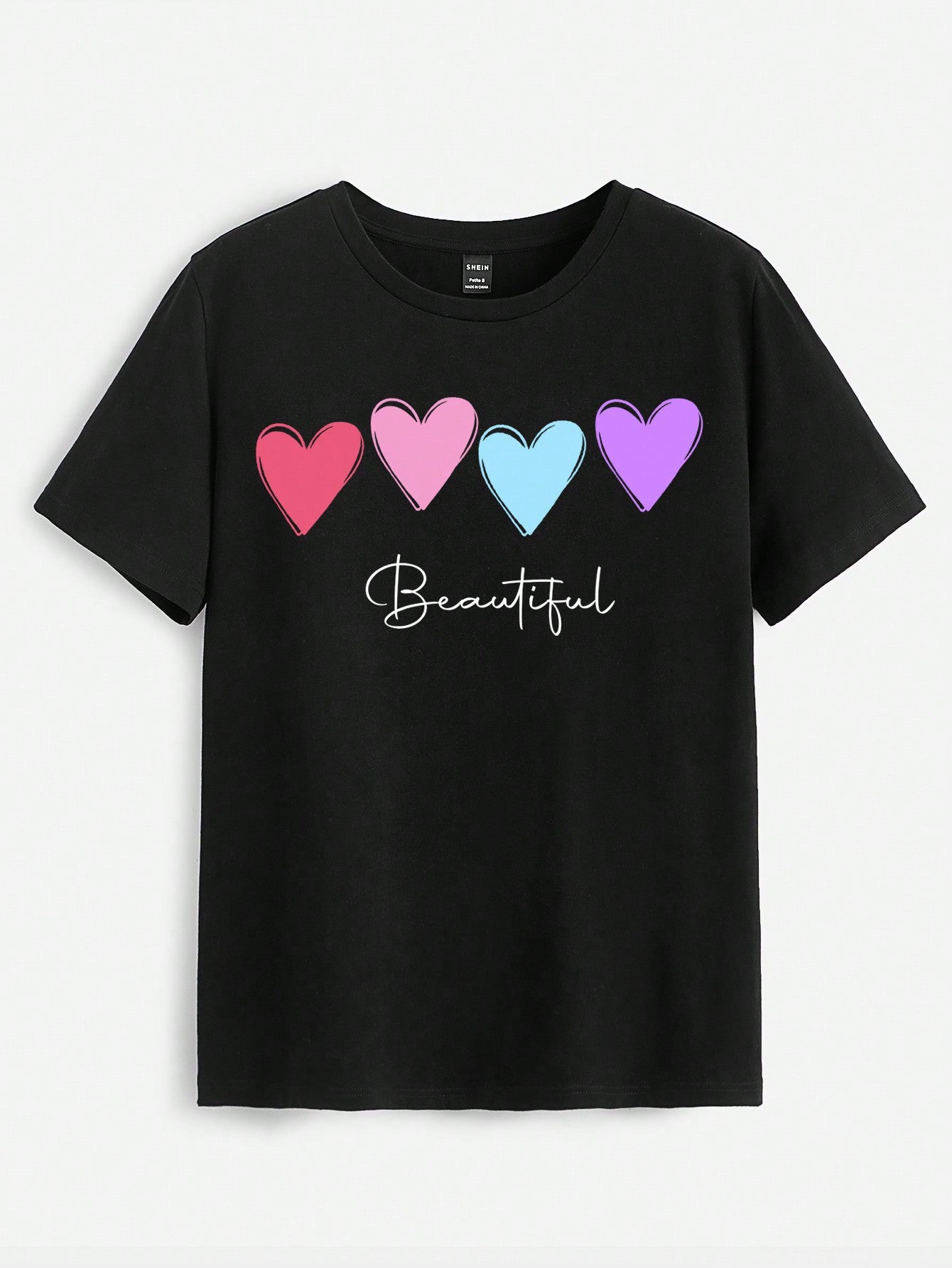 LUNE 3pcs Casual Heart, Letter Printed Round Neck Short Sleeve Women's T-Shirts, Summer Tee